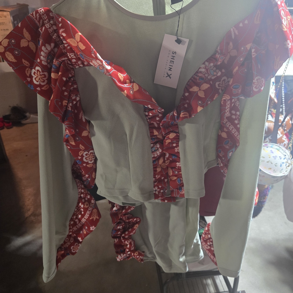 SHEIN Women's Green Top & Pants with Red Floral Accents